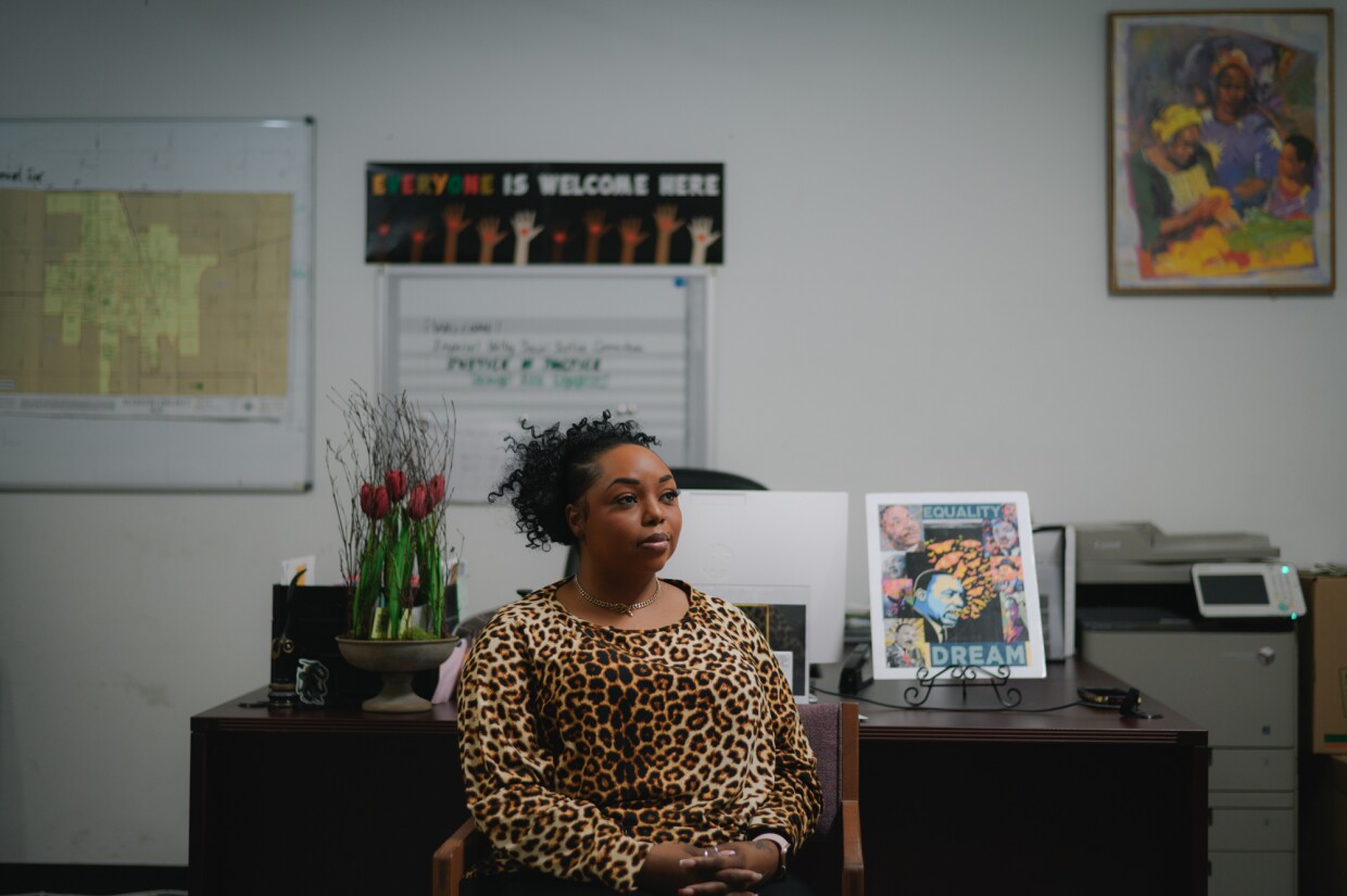 Kamika Mitchell with the Imperial Valley Social Justice Committee sits for a portrait at the organization's offices in El Centro, California on Oct. 17, 2024.
