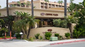 The Crowne Plaza hotel in Mission Valley, which the county is using as an isolation center for people with COVID-19 symptoms who have no other place to go, is shown on May 1, 2020.