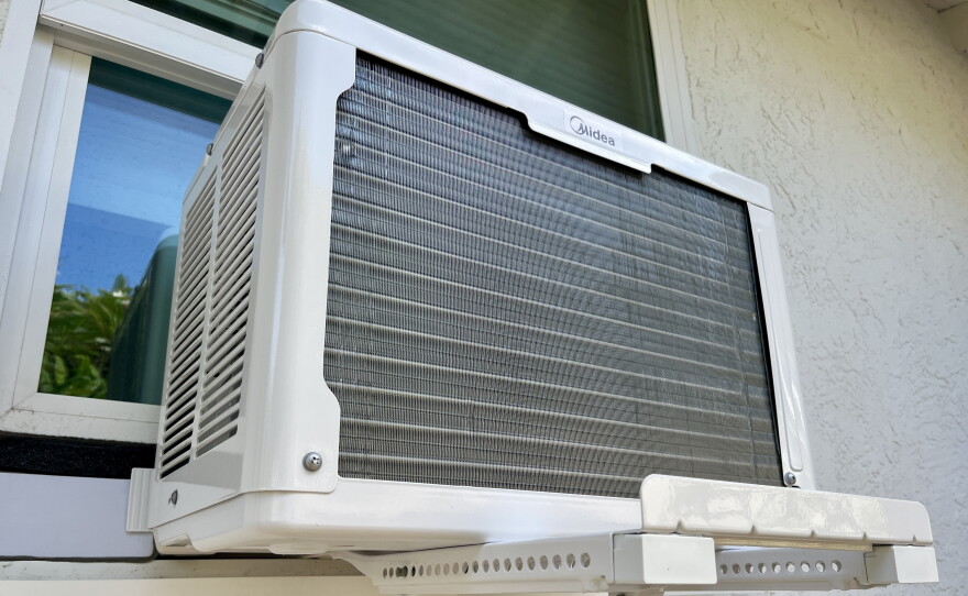 A window air conditioning unit is set up at a home in San Diego County, July 21, 2026.