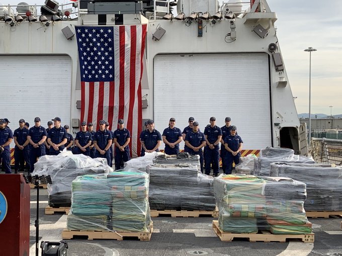 Nine tons of cocaine being offloaded by the U.S. Coast Guards in San Diego on Dec. 18, 2019. The drug was seized in the eastern Pacific Ocean between mid-October to early December.