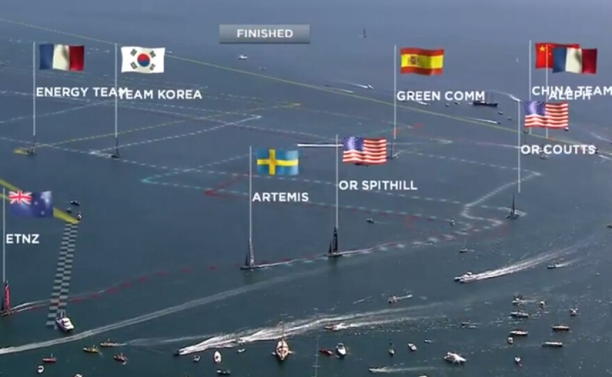 Sportvision uses helicopter and water-based platforms to superimpose the national flags of competing teams over broadcasts of the America's Cup sailing competitions.