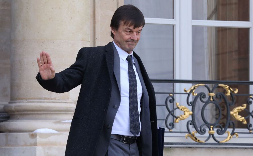 Nicolas Hulot, the French environmental minister, departs a weekly Cabinet meeting in Paris in February. "I don't want to give the illusion that my presence in government means we're answering these issues properly," Hulot said in resigning Tuesday.