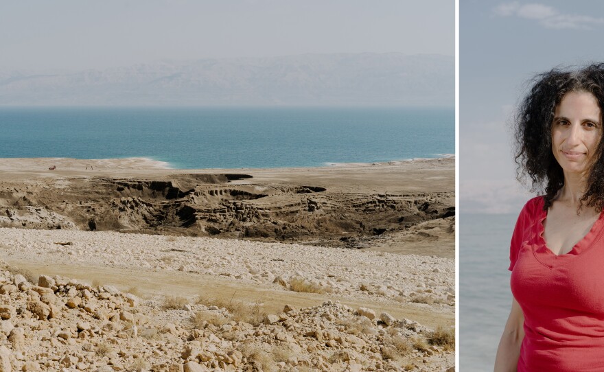 Left: Sinkholes near the western shores of the Dead Sea. Right: Researcher Yael Kiro from Israel's Weizmann Institute of Science at the Dead Sea on Nov. 5.