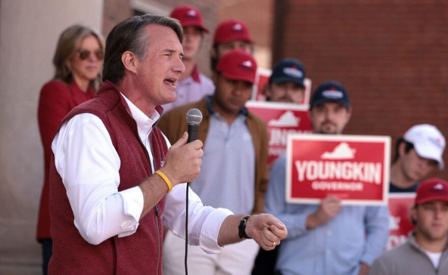 Virginia Republican gubernatorial candidate Glenn Youngkin speaks at a campaign event on Thursday in Farmville, Va.
