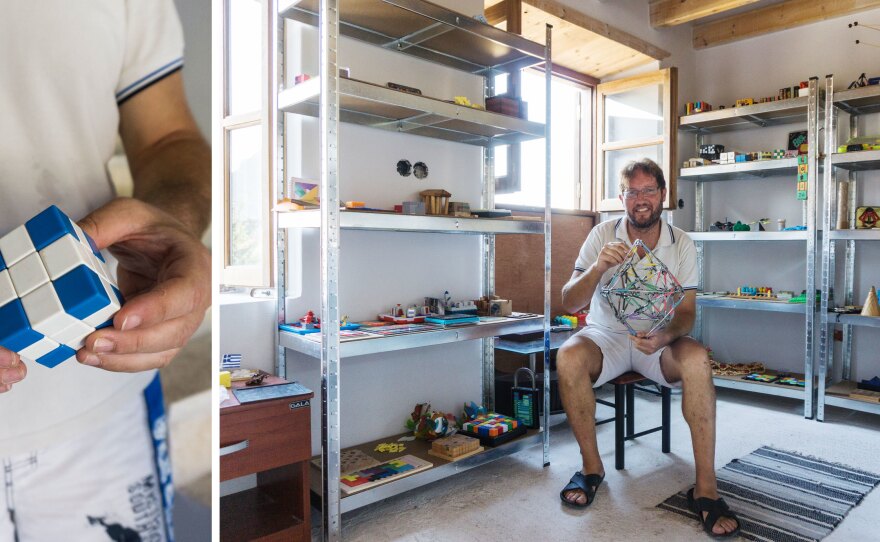 Left: Mathematician and puzzle-master Pantazis Houlis holds a type of Rubik's cube he created and wants to gift to Turkish President Recep Tayyip Erdogan. "No matter how many ways you twist it, it's always got the pattern of the Greek flag," he says. Right: Houlis in his newly opened puzzle museum on the island.