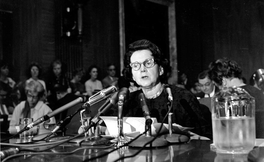Silent Spring author Rachel Carson testifies before a Senate panel on pesticides in 1963.