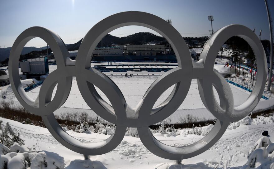 The Olympic rings are pictured on Feb. 8 at the biathlon shooting range ahead of the Pyeongchang Winter Olympics in South Korea.