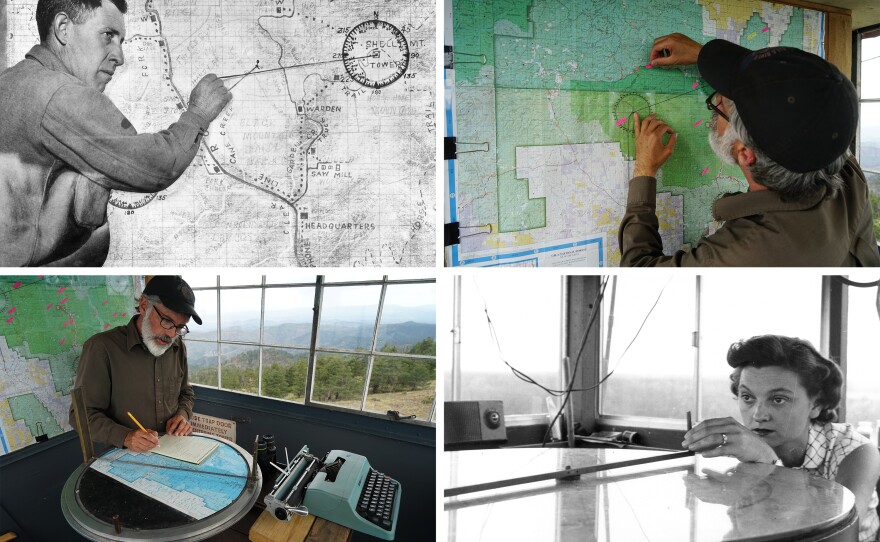 Upper left: A lookout demonstrates how to find the approximate location of a fire after two towers have reported seeing smoke in 1936. Upper right: Connors marks a map of the area. Lower right: A fire lookout uses a fire finder at a Delaware fire tower in 1943. Lower left: Connors consults a fire finder while writing in his notebook.