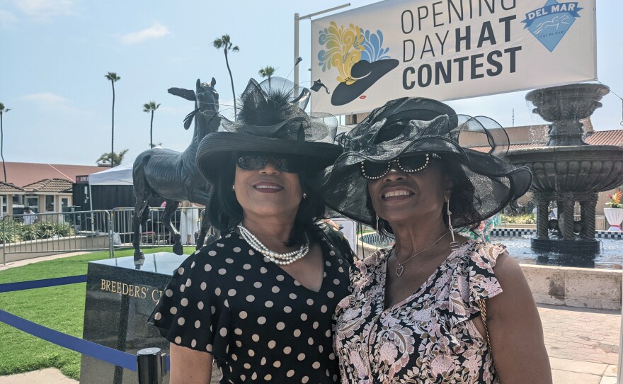 Linda Jones and Linda Washington showing off their hats on Opening Day at the Del Mar Racetrack, July 16, 2021.