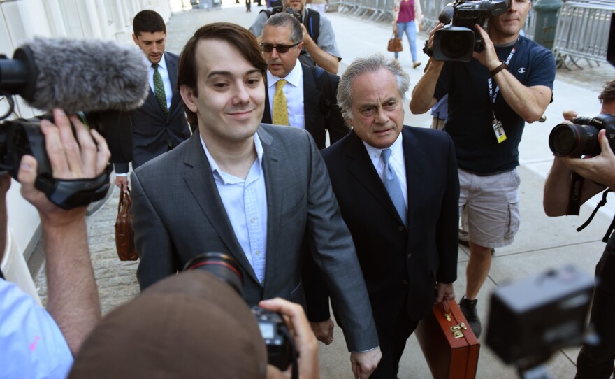 Martin Shkreli, the former Turing Pharmaceuticals executive, arrives for the first day of jury selection in his federal securities fraud trial Monday at U.S. District Court in Brooklyn, N.Y.