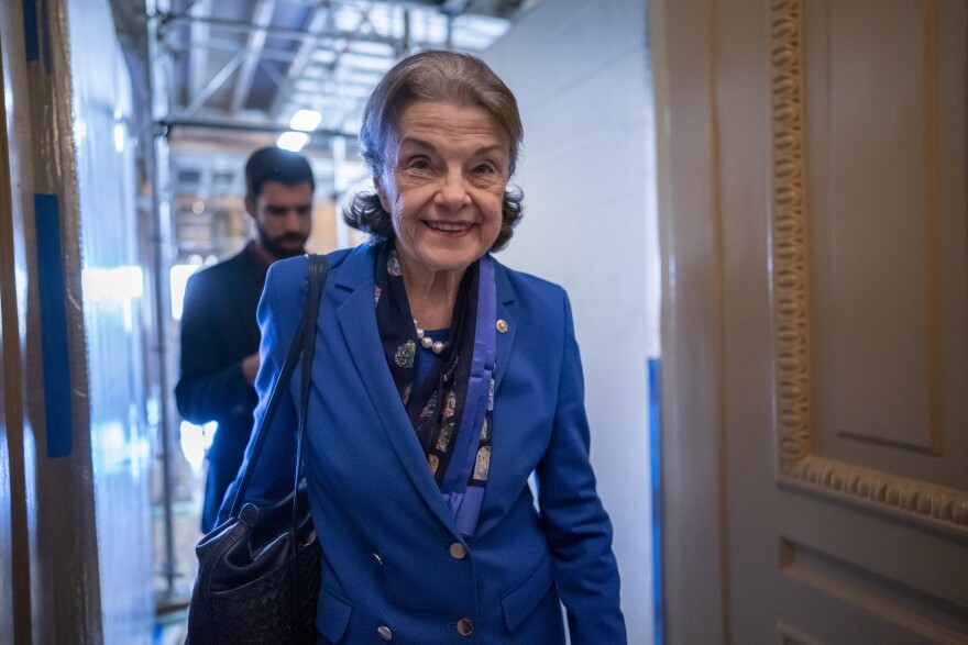 File photo of Sen. Dianne Feinstein, D-Calif., walking through a Senate corridor at the Capitol in Washington, Feb. 14, 2023.
