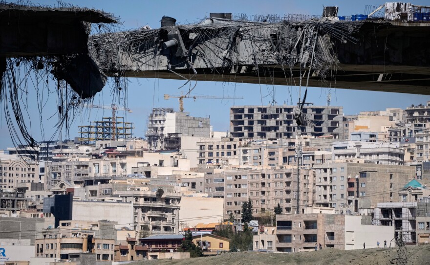 A bridge struck by U.S. airstrikes on Thursday is seen in the town of Karaj, west of Tehran, Iran, Friday, April 3, 2026.