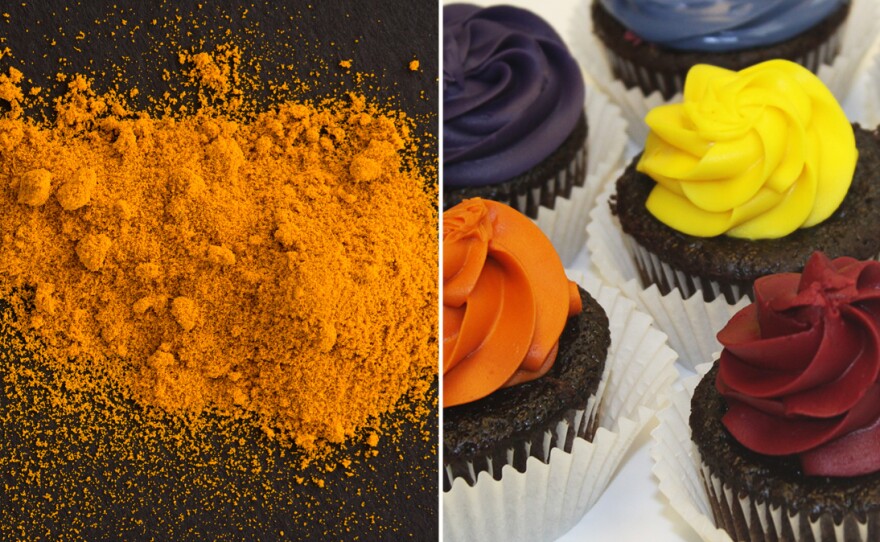 Turmeric, on left, was used to make the yellow in the cupcakes on the right.