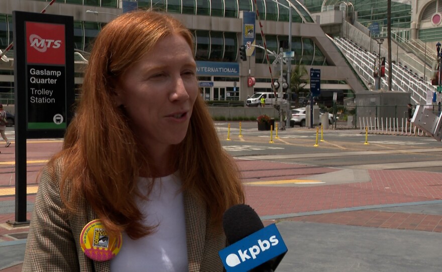 The San Diego Convention Center's Maren Dougherty is shown being interviewed by KPBS on July 21, 2025.