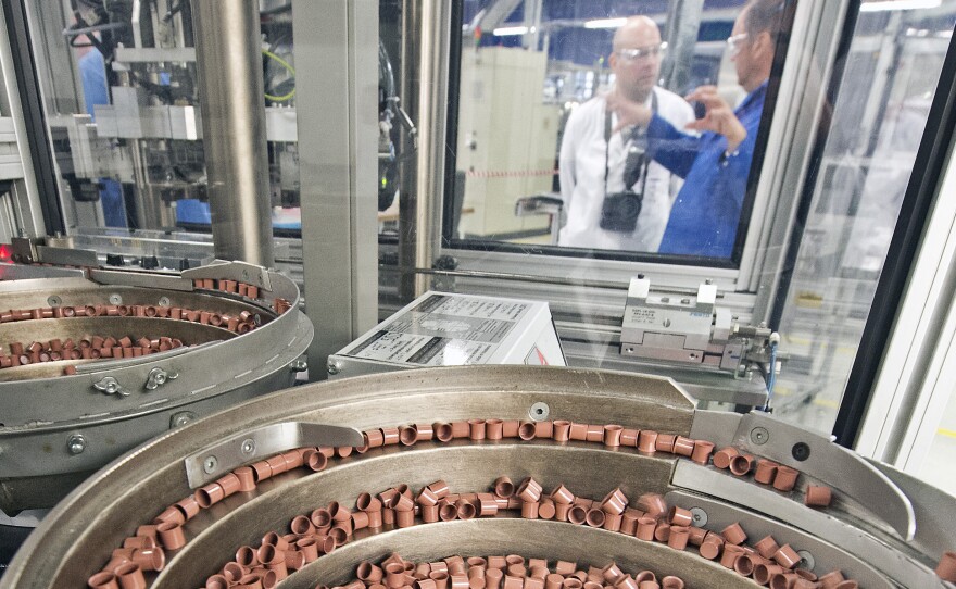 Parts of pyro-electric air bag initiators are shown in a production line at the international automotive supplier Takata Ignition Systems GmbH in Schoenebeck, Germany.