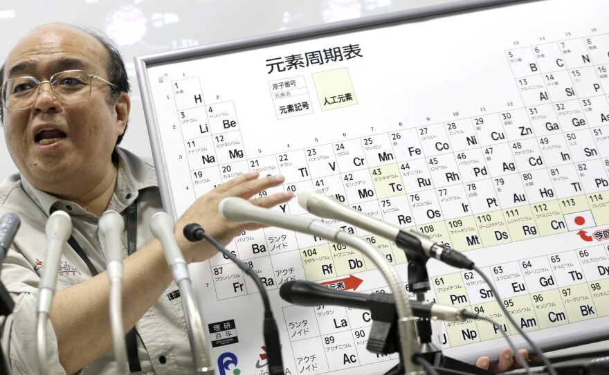 Kosuke Morita, who led a group of researchers that discovered element 113, speaks at a press conference at in Tokyo on June 9. The name nihonium stems from the fact that element 113 was discovered in Japan, and Nihon is one way to say the country's name in Japanese.