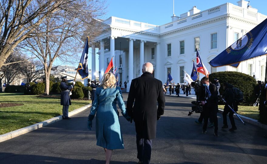 President Joe Biden and first lady Jill Biden arrive at the White House on Jan. 20. The Biden administration has made several changes to the White House website with an eye toward inclusivity and accessibility.