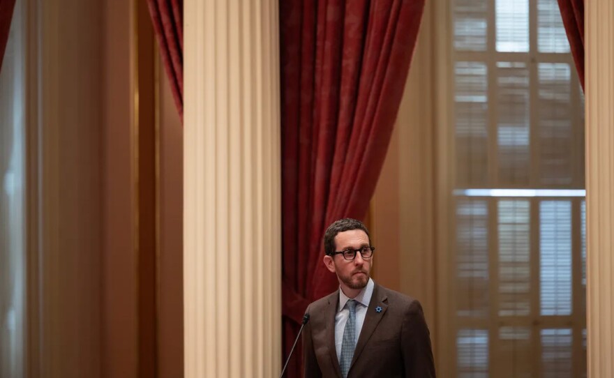 State Sen. Scott Wiener on the Senate floor at the state Capitol in Sacramento on April 29, 2024.