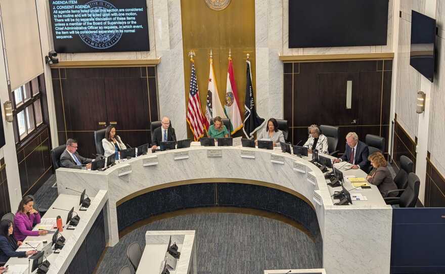 San Diego County Board of Supervisors sitting at the dais during a meeting on July 22, 2025.
