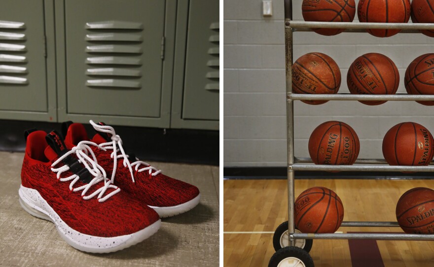 Left: Angel's basketball shoes. Right: Basketballs in the Minto High School gym.