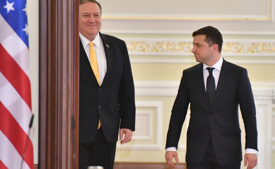 Secretary of State Mike Pompeo (left) and Ukrainian President Volodymyr Zelenskiy arrive for a joint news conference in Kyiv, Ukraine, on Jan. 31.