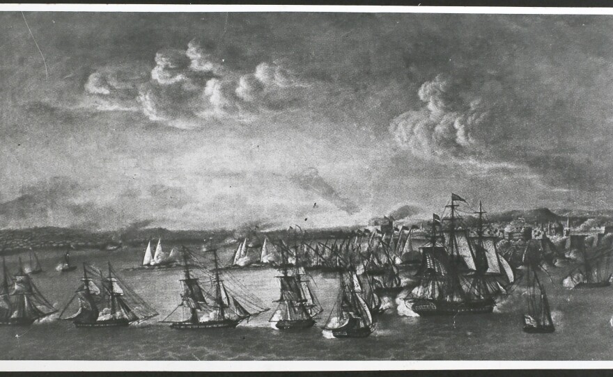 Tripoli in Libya bombarded by the U.S. fleet during the First Barbary War, 1804. The fleet was there in an attempt to suppress piracy in the North African Barbary states, one of then-President Thomas Jefferson's main foreign policy challenges.