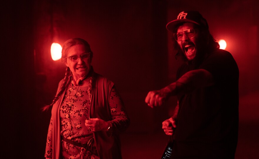 Adriana Barraza and director Ángel Manuel Soto on the set of Warner Bros. Pictures’ action adventure “Blue Beetle."