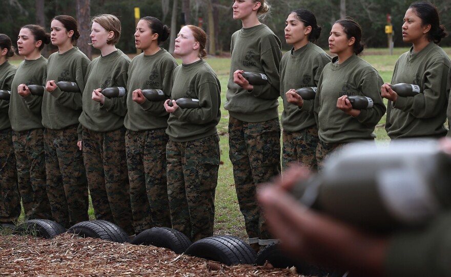 Recruits listen to instructions during boot camp at the Marine Corps Recruit Depot on Parris Island, S.C., on Feb. 27.