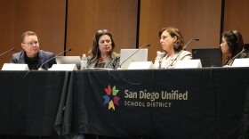 San Diego Unified school board president Richard Barrera, Superintendent Fabiola Bagula, board vice president Sabrina Bazzo and student board member Alina Nguyen meet on Tuesday, March 24, 2026.