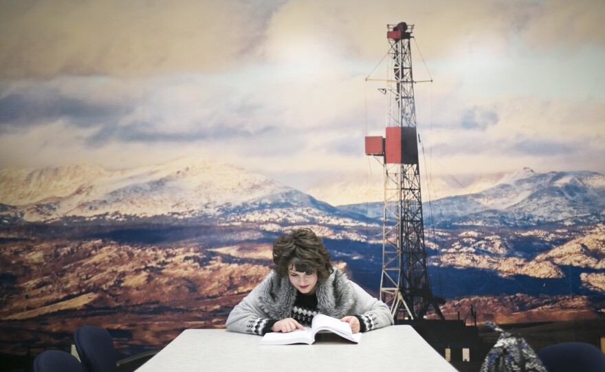 Katie Plas, a junior petroleum engineering major at Marietta College, studies before class.