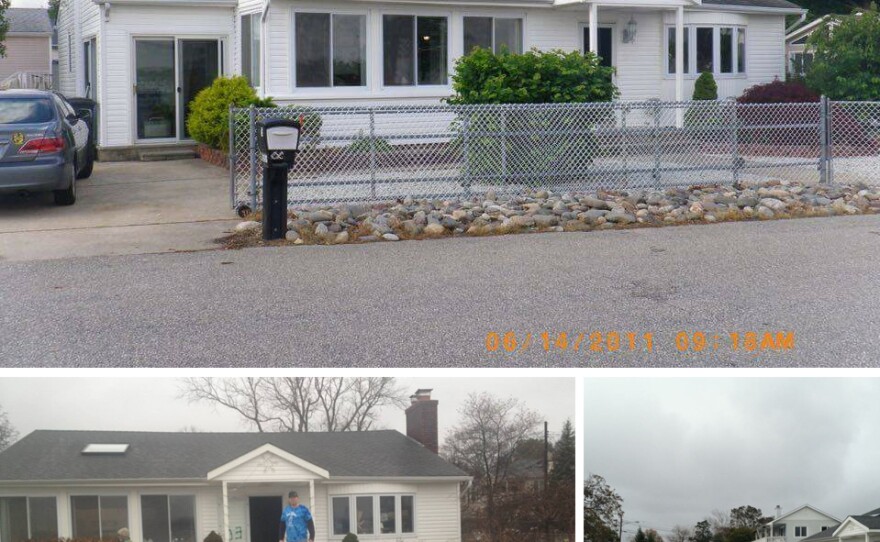 Top: Doug Quinn's home in 2011. Left: Damaged materials from inside Quinn's home in January 2013. Right: Water flooded Quinn's street the day after Superstorm Sandy.