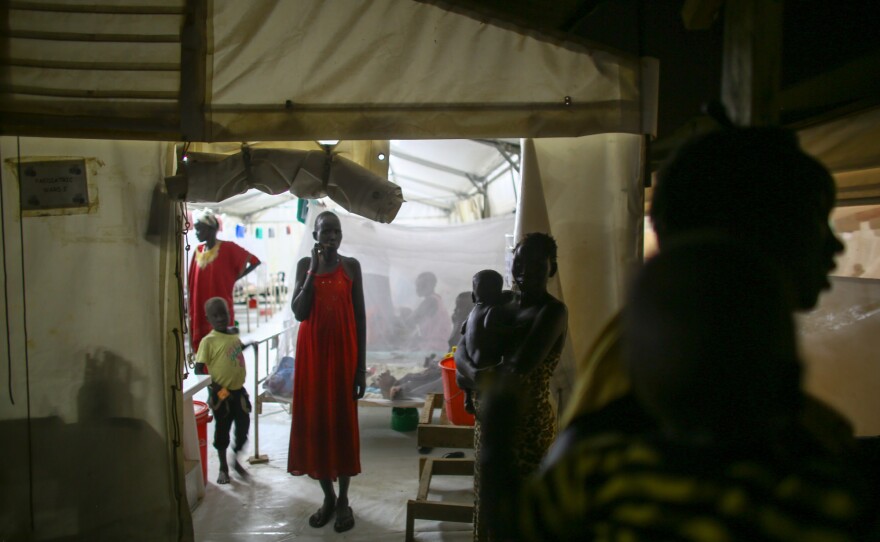 The hospital is staffed all night. Patients sleep under bed nets to avoid mosquitoes.