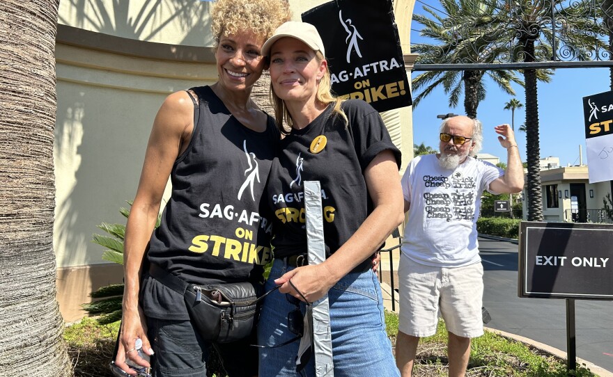 <em>Star Trek: Picard</em> actresses Michelle Hurd and Jeri Ryan outside Paramount Pictures. Behind them is Clint Howard, who has been in five different <em>Star Trek</em> series.