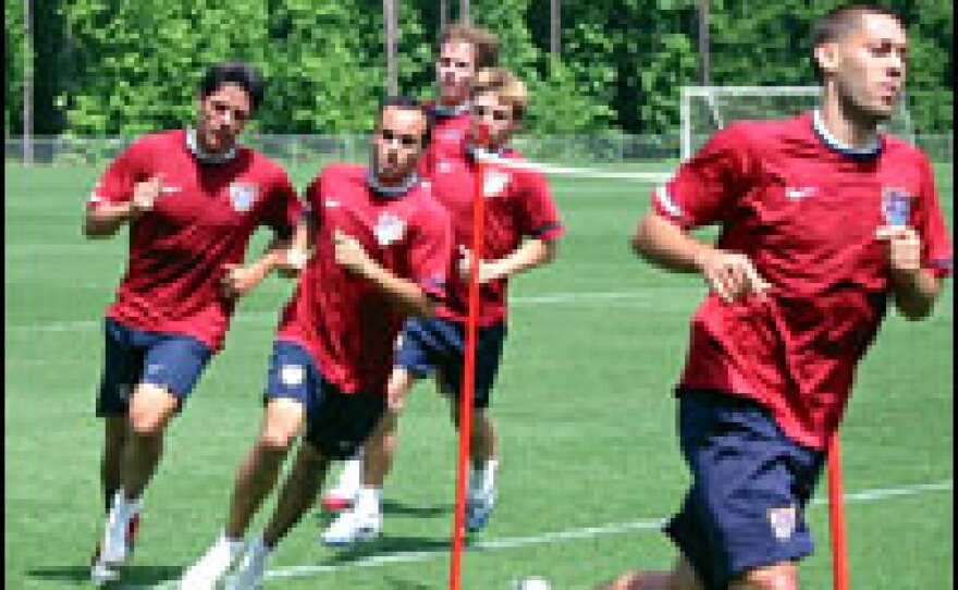 U.S. national team members Brian Ching (from left), Landon Donovan, Steve Cherundolo, Bobby Convey and Clint Dempsey train for the World Cup.