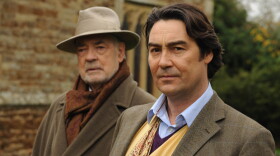 Promotional photo of cast members Richard Johnson as Augustus Mortmaigne, and Nathaniel Parker as Philip Coleman in "Inspector Lewis, Series III: The Dead Of Winter." The discovery of a body on an Oxford bus leads Lewis and Hathaway to a sprawling Oxford estate where Hathaway spent much of his childhood. 