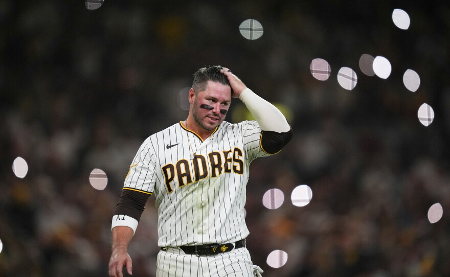 San Diego Padres' Ty France reacts after he was forced out by Milwaukee Brewers second baseman Brice Turang during the sixth inning in Game 4 of baseball's National League Division Series Wednesday, Oct. 7, 2026, in San Diego.