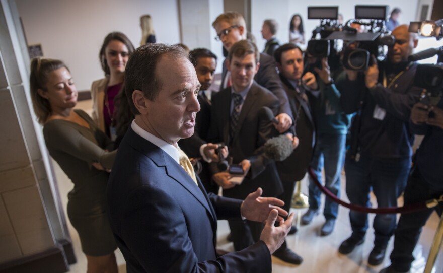 Rep. Adam Schiff, D-Calif., ranking member of the House Permanent Select Committee on Intelligence, speaks with reporters just before his panel interviewed former Trump campaign manager Corey Lewandowski on Thursday.
