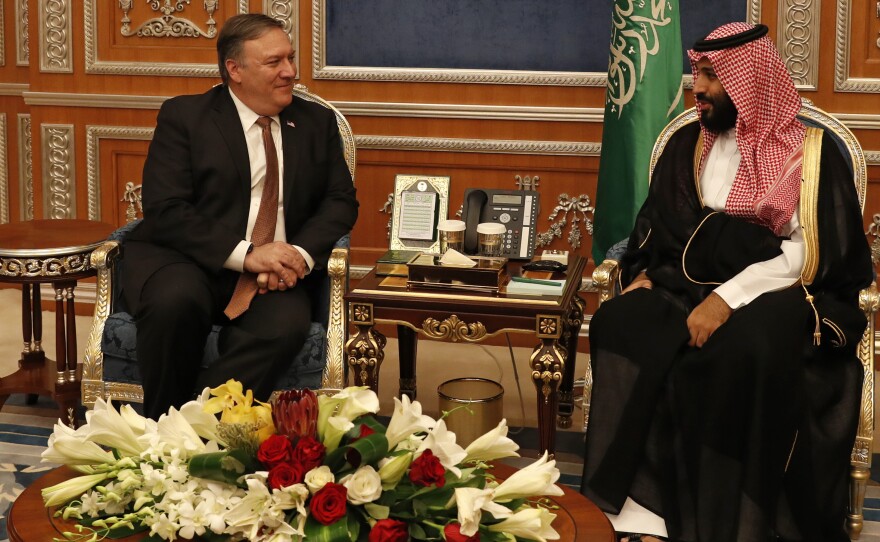 Secretary of State Mike Pompeo meets Tuesday with Saudi Arabia's Crown Prince Mohammed bin Salman in the capital Riyadh. They discussed the disappearance of Saudi journalist Jamal Khashoggi, who vanished two weeks ago during a visit to the Saudi Consulate in Istanbul, Turkey.