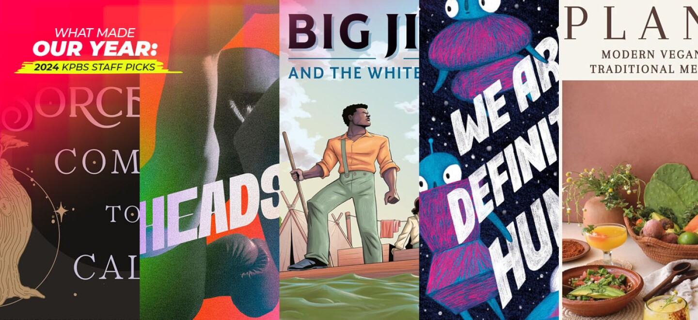 From left: Book covers of "A Sorceress Comes to Call," "Headshot," "Big Jim the White Boy," "We Are Definitely Human,"  and "Plantas." 