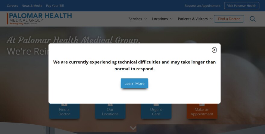 A screenshot taken on June 20, 2024 a pop-up on Palomar Health Medical Group's  website