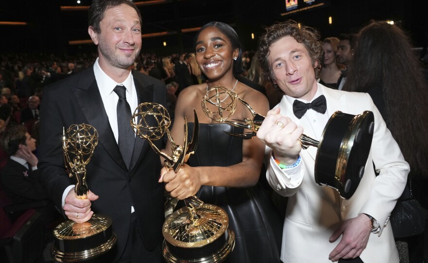 <em>The Bear</em> won the Emmy for Outstanding Comedy Series on Monday night. Ebon Moss-Bachrach, left, and Ayo Edebiri won Emmys for Outstanding Supporting Actor and Outstanding Supporting Actress in a Comedy Series. And Jeremy Allen White won for Outstanding Lead Actor in a Comedy Series.