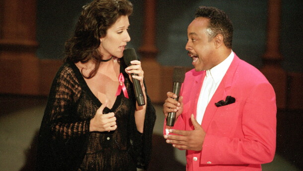 FILE - Celine Dion, left, and Peabo Bryson perform the song "Beauty and the Beast," that won them the Grammy for Best Pop Vocal Performance by a Group or Duo, at the 35th annual Grammy Awards in Los Angeles, Calif., Feb. 25, 1993.