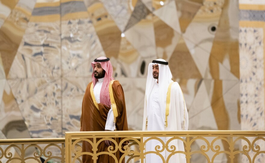 Saudi Crown Prince Mohammed bin Salman (left) attends a ceremony with Abu Dhabi Crown Prince Mohammed bin Zayed Al Nahyan in Abu Dhabi, United Arab Emirates, in November. The Saudi crown prince was in the UAE for talks that were expected to focus on the war in Yemen and tensions with Iran.