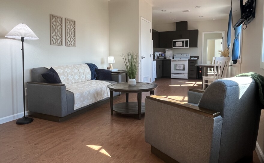 The living room in one of the transitional living program units at Casa de Amparo, March 5, 2026.