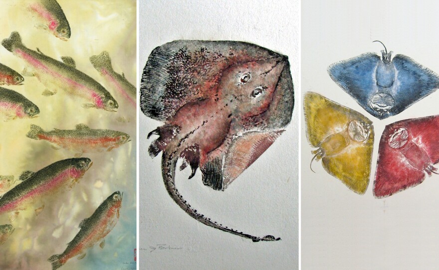 Fishing for fine art: Gyotaku, the art of making inked prints from real fish, originated in 19th century Japan. Above, three examples from modern Gyotaku artist Heather Fortner (from left): Under the Rainbow Rainbow Trout; Little big skate and Primary colors butterfly ray.