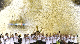 Mexico players celebrate their 3-1 win over Jamaica in the CONCACAF Gold Cup championship soccer match in Philadelphia, Sunday, July 26, 2015. 