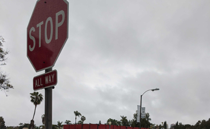 Storm clouds pass over the Golden Hill neighborhood during a rain storm in San Diego, April 10, 2020.