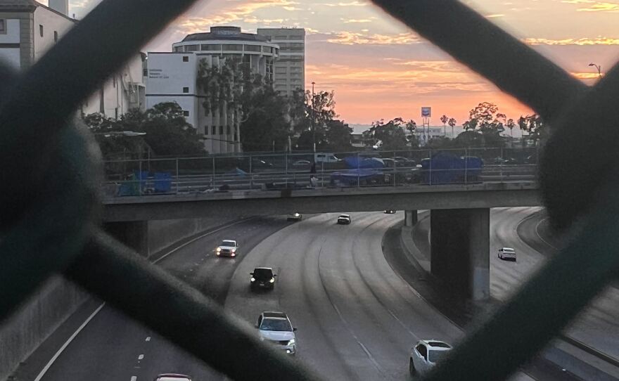 Tents set up on an Interstate 5 overpass in downtown San Diego, Calif. July 30, 2023.