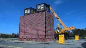 A container full of sand sits on the outdoor UCSD earthquake simulator. The container's composition allows researchers to test metal pilings on Feb. 23, 2016.