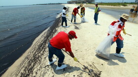 Workers clean up oily globs that washed ashore from the Deepwater Horizon oil spill in the Gulf of Mexico July 9, 2010 in Waveland, Mississippi. Millions of gallons of oil have spilled into the Gulf since the April 20 explosion on the drilling platform. 